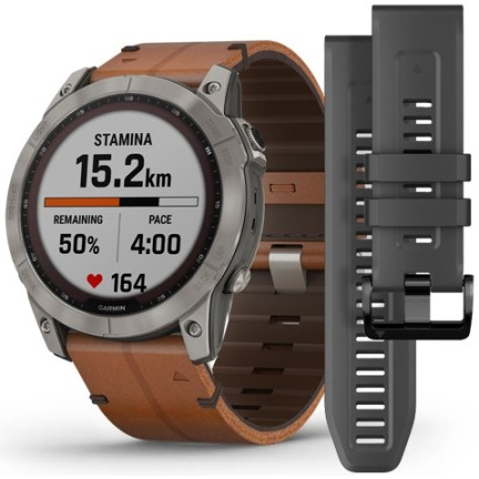 Garmin Fenix 7x Sapphire Solar Titanium / Chestnut Leather Band 